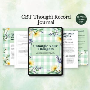 CBT Thought Record Journal Mental Health Worksheet Anxiety Relief Coping Tool Self-Help Therapy printable Thought Tracking editable canva