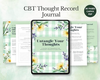 CBT Thought Record Journal Mental Health Worksheet Anxiety Relief Coping Tool Self-Help Therapy printable Thought Tracking editable canva