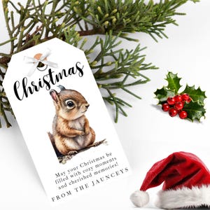Étiquettes cadeaux de Noël écureuil à personnaliser pour amoureux des animaux, bricolage nature hiver imprimable, décoration cadeau bricolage pour carte de vœux, forêt