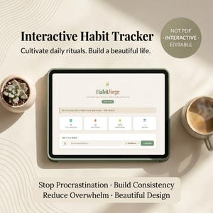 Könnte beinhalten: Ein Tablet mit der interaktiven HabitForge-Gewohnheits-Tracker-Oberfläche, die ein Dashboard mit Gesamt-Check-ins, bester Serie, Monatspunktzahl und bestem Tag anzeigt, sowie Textfelder zum Hinzufügen neuer Gewohnheiten und ein Zitat.
