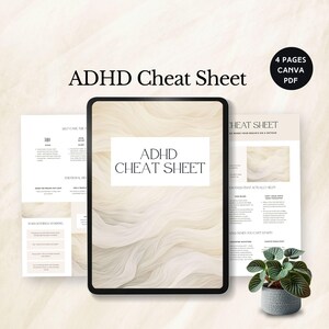 以下が含まれることがあります： タブレットに表示されたADHDチートシート。タイトルが大きく表示されています。柔らかい波状の背景と、セルフケアのヒントと戦略が書かれた追加のページが含まれています。「4 Pages Canva PDF」というテキストも表示されています。