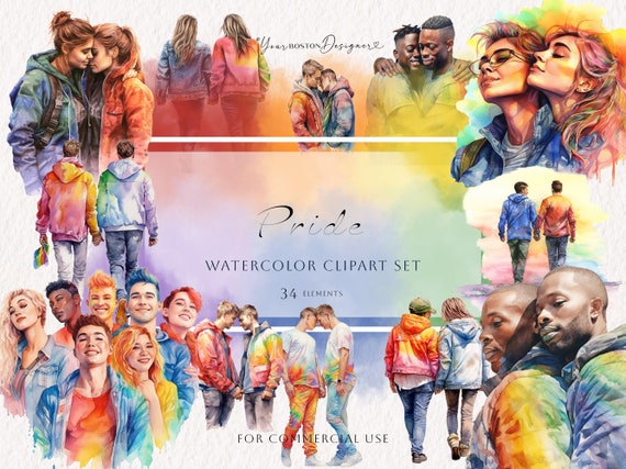 Pride Watercolor Clipart Set | Gay couple Clipart | Lesbian Couple Clipart | Commercial use OK | Pride month watercolor set | LGBTQ clipart