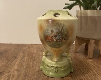 Jarrón pequeño de cerámica verde vintage, decoración rústica, acento floral retro