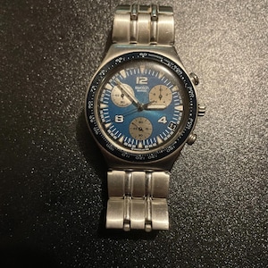 Swatch Chronograph Tachymeter Blue 3 Registers date at 4 Steel Swiss Made Watch