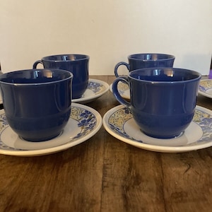 Rare Staffordshire Blue Tea Cup Floral Saucer And Side Plate Set Of Four
