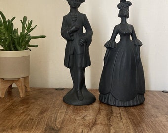 Schwarze Keramik-Silhouettenfiguren, Regency-Ära-Kleid, Vintage-Statuen, Gartendekoration