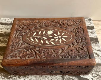 Wooden Jewelry Box Hand Carved  With Inlayed Top Gift Decor Display Boho