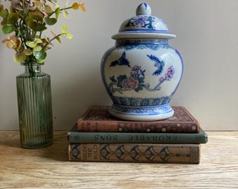 Ceramic Asian Ginger Jar Blue White Pink Bird Flower Pattern Stamped Base Decor