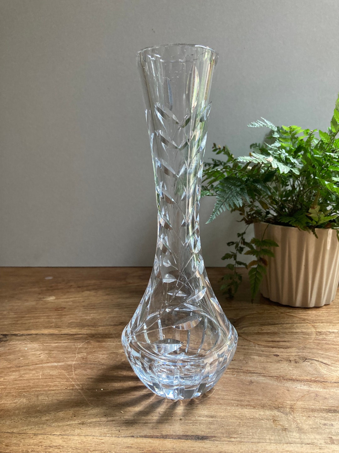 Cut Crystal Tall Thin Vase Leaf Detail Bud Vase Long Neck Vase Etsy