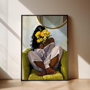 Black girl art wall POSTER yellow floral art, physical art print poster, black wall art, black woman wall print art home decor brown skin