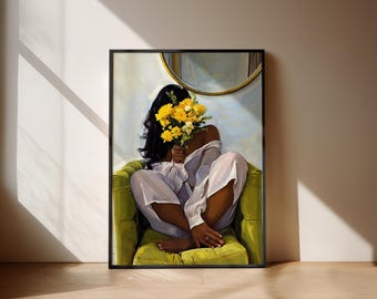 Póster de arte mural con diseño floral amarillo de una chica negra, póster impreso, arte mural negro, lámina decorativa para el hogar con diseño de mujer negra / PerchedFlowers