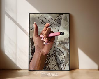 May include: Printable art featuring a hand holding a lit pink cigarette. The hand has long, decorated nails. The background includes vintage paper with French text and stamps. The word "PRINTABLE" is at the bottom.