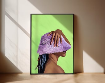 Black wall art POSTER black woman with fuzzy hat print physical art print poster black afro woman wall print art home decor art green