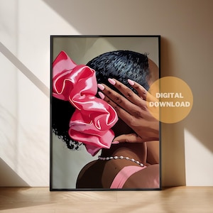 May include: Digital art print featuring a woman with a large pink bow in her hair, a pearl necklace, and a hand covering her face. The artwork is framed in a black border and labeled "DIGITAL DOWNLOAD".