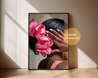 May include: Digital art print featuring a woman with a large pink bow in her hair, a pearl necklace, and a hand covering her face. The artwork is framed in a black border and labeled "DIGITAL DOWNLOAD".