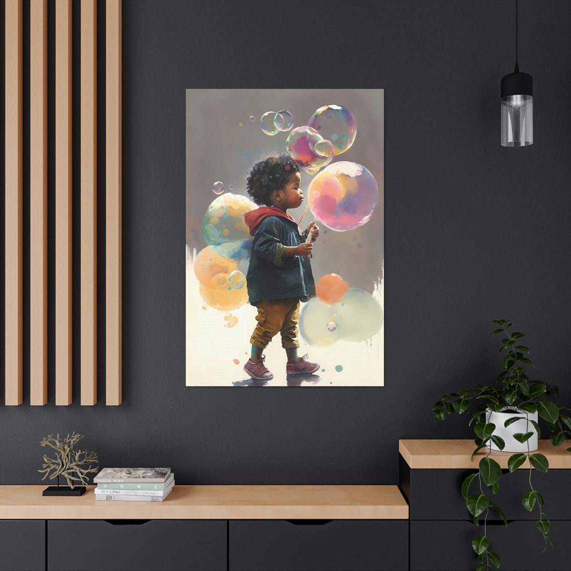 BLACK BOY BUBBLE, Black Boy Wall Art, Child Black Bubble, Blowing