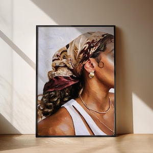 POSTER da parete con arte nera, sciarpa per capelli in seta, poster con stampa artistica fisica, arte con capelli neri, stampa da parete con donna nera, arredamento per la casa, arte con pelle marrone