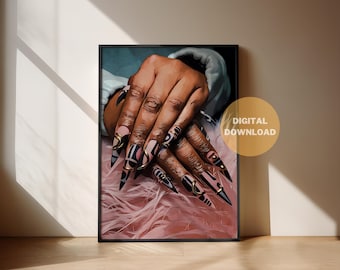May include: Digital art print of hands with long, black and pink nails, adorned with gold rings. The nails feature geometric designs. The artwork is framed in black and set against a pink, fluffy background. The words "DIGITAL DOWNLOAD" are in a gold circle.