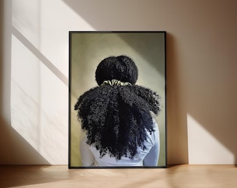 Black Woman Hair POSTER, Green Scrunchie Curly Ponytail Art, African American Wall Decor, Natural Hair art, Black Girl | GreenScrunchie