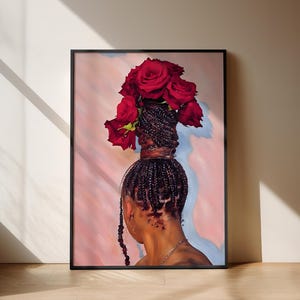 POSTER arte murale nera stampa di fiori sui capelli stampa artistica fisica poster stampa murale donna afro nera arte arredamento casa arte pelle marrone donna nera
