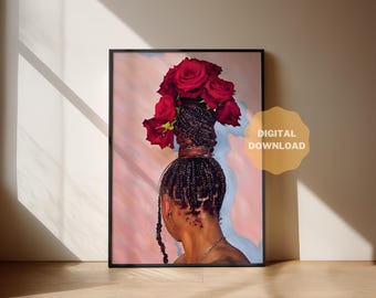 Black girl art braids and red roses | DIGITAL DOWNLOAD | Afro woman | black art | home decor | wall art hanging wall art | black art prints