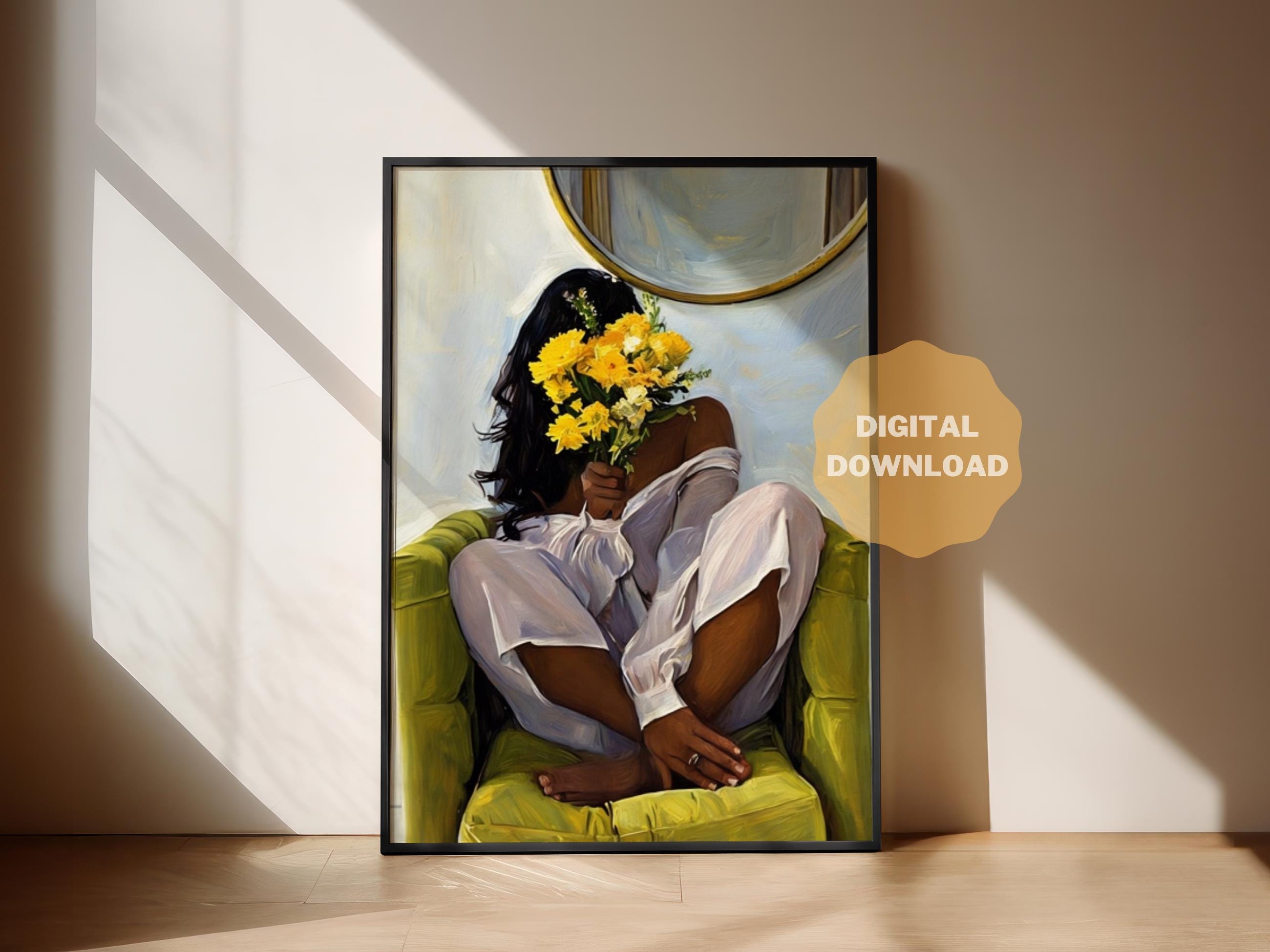 Black girl art holding flowers | DIGITAL DOWNLOAD | Afro woman | black art | home decor | wall art | hanging wall art | black art prints
