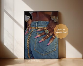 May include: A digital illustration of a person's lower body wearing blue denim jeans with a gold chain and pink nail polish. The person's hand is visible, adorned with gold rings.