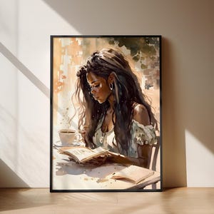 Black art wall POSTER reading in watercolor print physical art print poster black woman wall print art home decor african black art