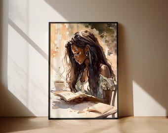 Póster de arte negro para pared, lectura en acuarela, impresión artística física, póster, mujer negra, impresión para pared, arte, decoración del hogar / ReadingInWatercolor