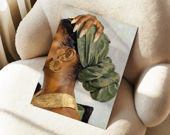 POSTER black woman wearing headwrap, POSTER black afro woman, african american art, melanin, nail salon art, hair salon art | Green Headwrap