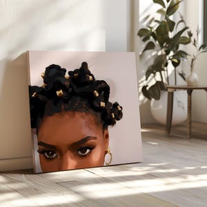 Bantu Knoten schwarze Frau, Afro Kunst, Melanin Kunst, Leinwand Kunstdruck, schwarze Mädchen Rock, afroamerikanische Kunst, Pop Art, goldene Creolen, gebräunte Haut