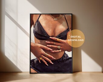 May include: A framed digital art print featuring a person wearing a black top and shorts, adorned with gold jewelry. The artwork showcases hands with long nails and multiple gold rings. The print has a warm color palette and is labeled "DIGITAL DOWNLOAD".
