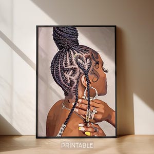 Mujer negra con moño trenzado en forma de corazón / DESCARGA DIGITAL / Arte de peinado para chica negra / Arte de pared con cabello afro / Impresión de cabello trenzado / BraidedHeart