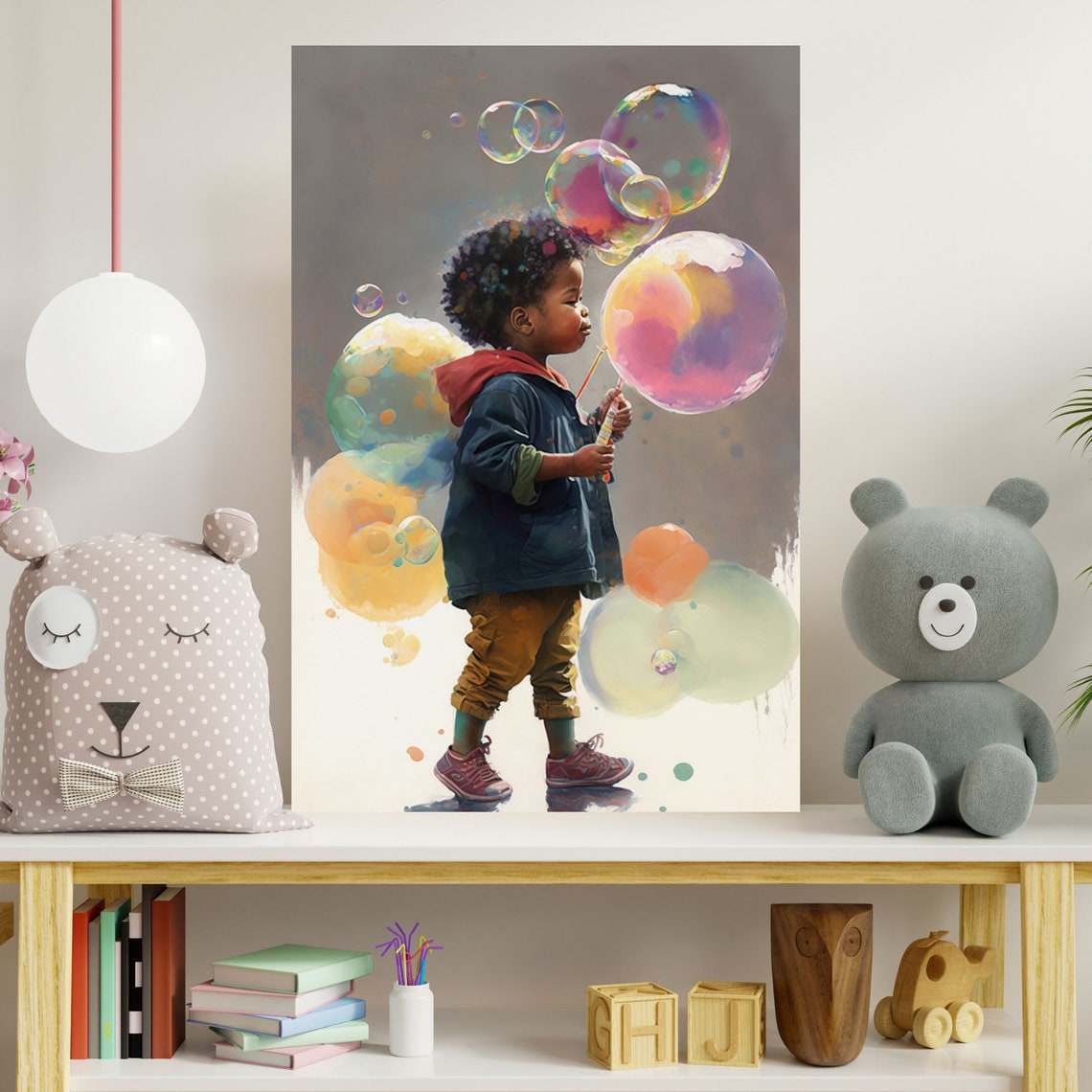 BLACK BOY BUBBLE, Black Boy Wall Art, Child Black Bubble, Blowing