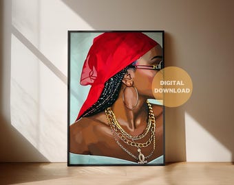 Printable Black Woman with Braids Wall Art – Side Profile Afrocentric Digital Art for Neutral Decor | RedScarf