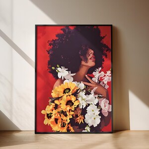 Black art wall POSTER afro flowers black art print physical art print poster black afro girl wall print art home decor brown skin art