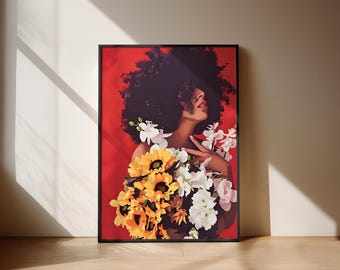 Czarny plakat na ścianę z kwiatami afro, czarny wydruk artystyczny, wydruk fizyczny, plakat z czarną dziewczyną afro, wydruk ścienny, sztuka, wystrój domu, sztuka | RedAndFlowers