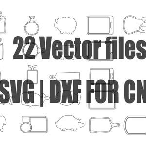 May include: A set of 22 vector files for CNC cutting, including SVG and DXF formats. The image shows a variety of designs, including a sheep, a guitar, a phone, a turtle, a pig, and various shapes.