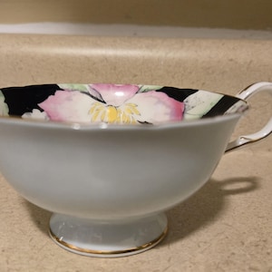Vintage PARAGON Tea cup saucer blue body black floral inside handpainted 1940s 1930s HTF light blue