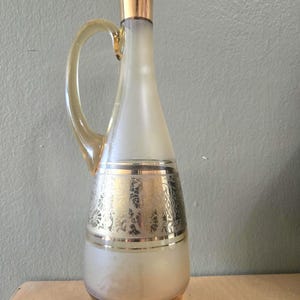Vintage Mid-century Czech frosted amber glass decanter decorative gold gilt Barware pitcher Genie bottle Claret jug