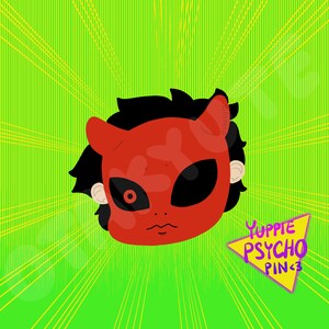 May include: A red cartoon character with horns and a black mask, set against a green and yellow background with the text "Yuppie Psycho Pin3" in a yellow triangle.