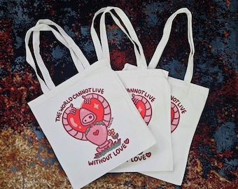 Studio Ghibli Inspired "World Needs Love" Laputa Robot 13" Tote - Cute Pink Red Kawaii Canvas Tote