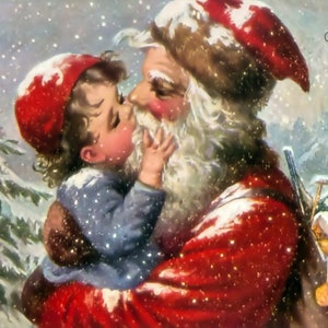 Vintage Noël victorien garçon câlins baisers père noël illustration antique journal indésirable éphémères JPEG PNG techniques mixtes domaine public