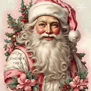 Shabby Chic Pink Christmas Santa Claus Victorian Journal Ephemera Vintage Image Poinsettia Christmas Decor Crafts Printable 8x10 JPEG PNG