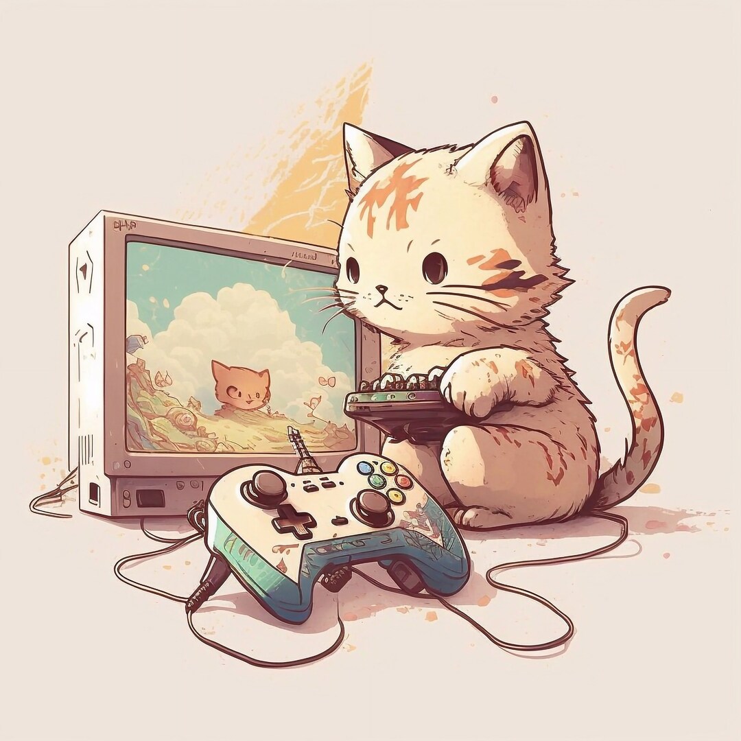 Poster to Print Cute Cat Playing Video Games Etsy