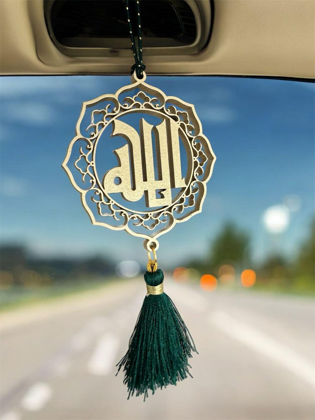 Islamic Car Pattern Laser Cut Allah Car Charm | Plywood Islamic Calligraphy With Emerald ...