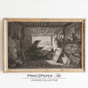 Daubigny Etching Print: Studio on the Boat, Vintage Landscape (Digital Download)