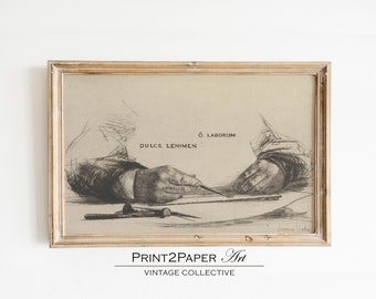 May include: A framed black and white drawing of two hands holding a ruler and compass. The drawing is on a beige background with the text "Dulce Lenimen ô Laborum" printed at the top.