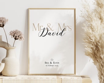 Wedding Favor Mr & Mrs Poster Personalized with Names and Date Engagement Anniversary Newlyweds Wife Husband