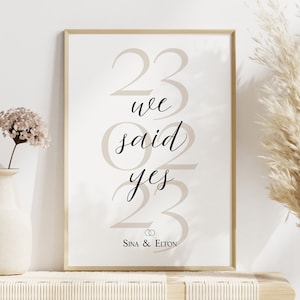 Wedding picture personalized with names and date for the bride and groom, wall picture anniversary and jubilee, minimalist we said yes print
